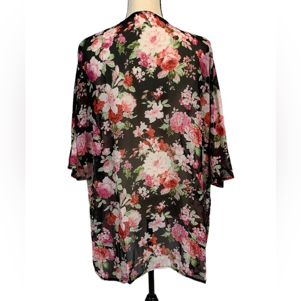 Ladiery Women's Floral Chiffon Kimono Cardigan - Black / Pink - S / M - Picture 3 of 5